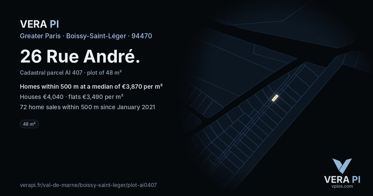 26 Rue André, Boissy-Saint-Léger at night – the plot lit, the parcels around coloured by the prices near them