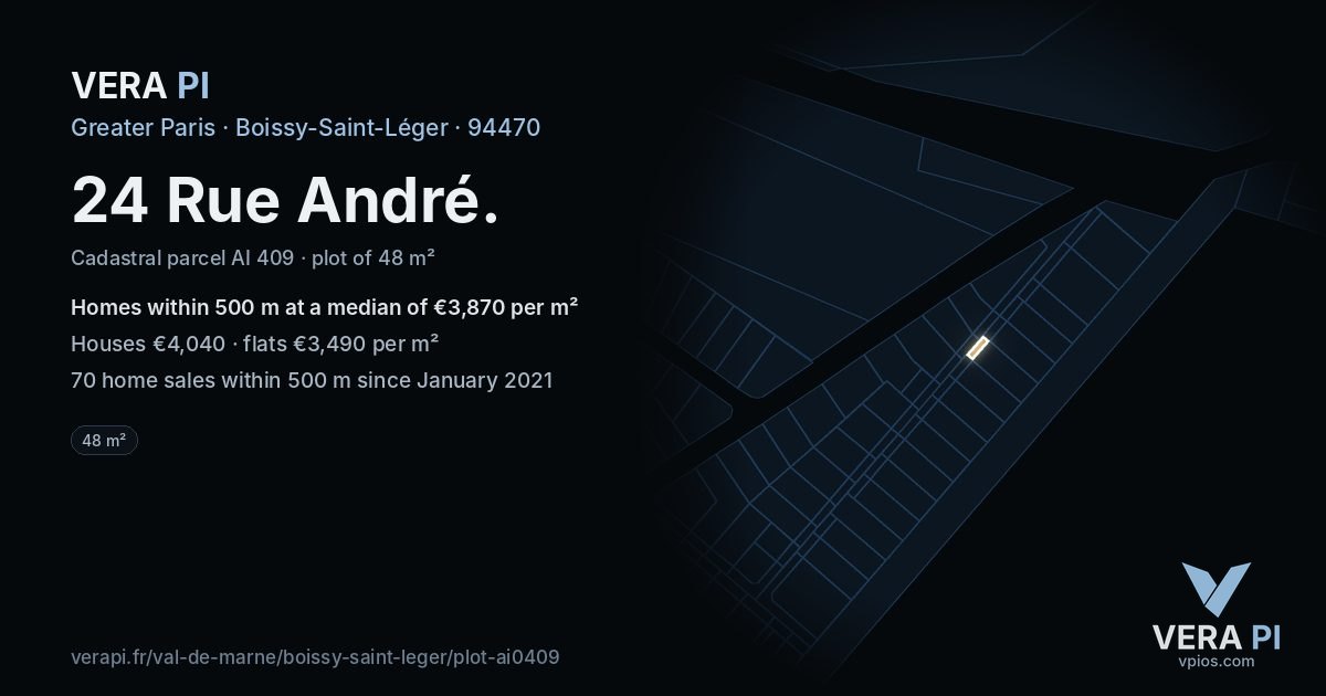 24 Rue André, Boissy-Saint-Léger at night – the plot lit, the parcels around coloured by the prices near them