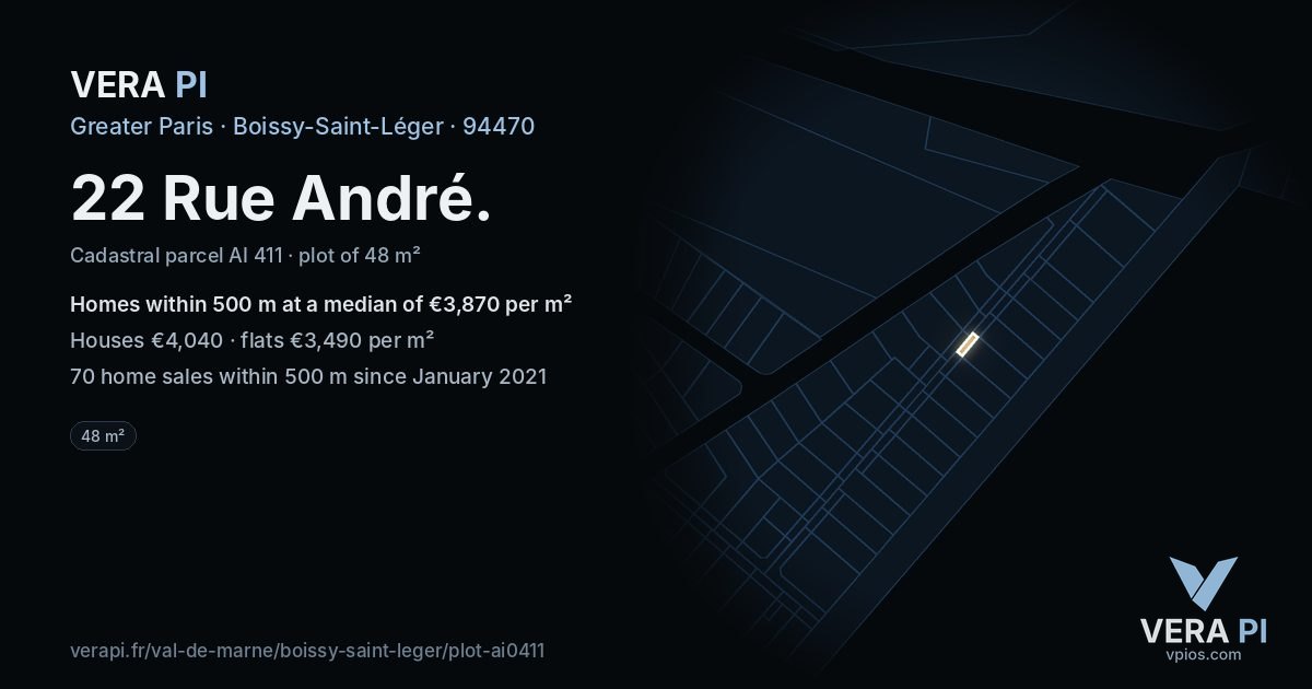 22 Rue André, Boissy-Saint-Léger at night – the plot lit, the parcels around coloured by the prices near them