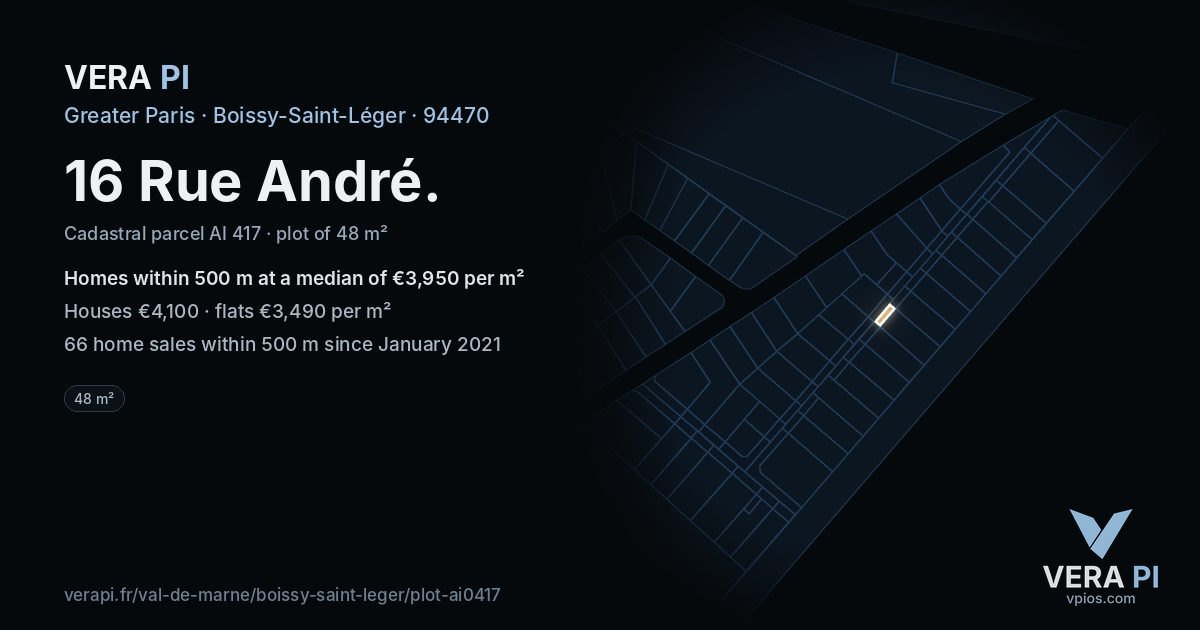 16 Rue André, Boissy-Saint-Léger at night – the plot lit, the parcels around coloured by the prices near them