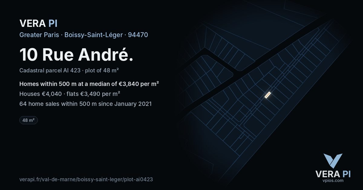 10 Rue André, Boissy-Saint-Léger at night – the plot lit, the parcels around coloured by the prices near them