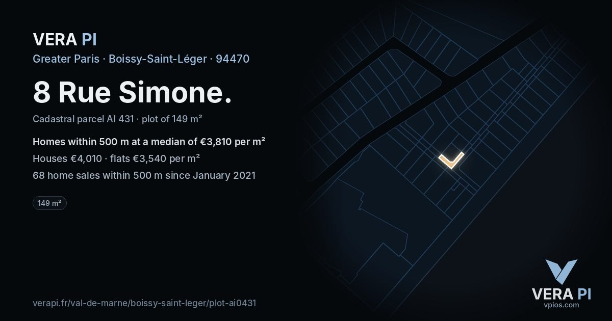 8 Rue Simone, Boissy-Saint-Léger at night – the plot lit, the parcels around coloured by the prices near them