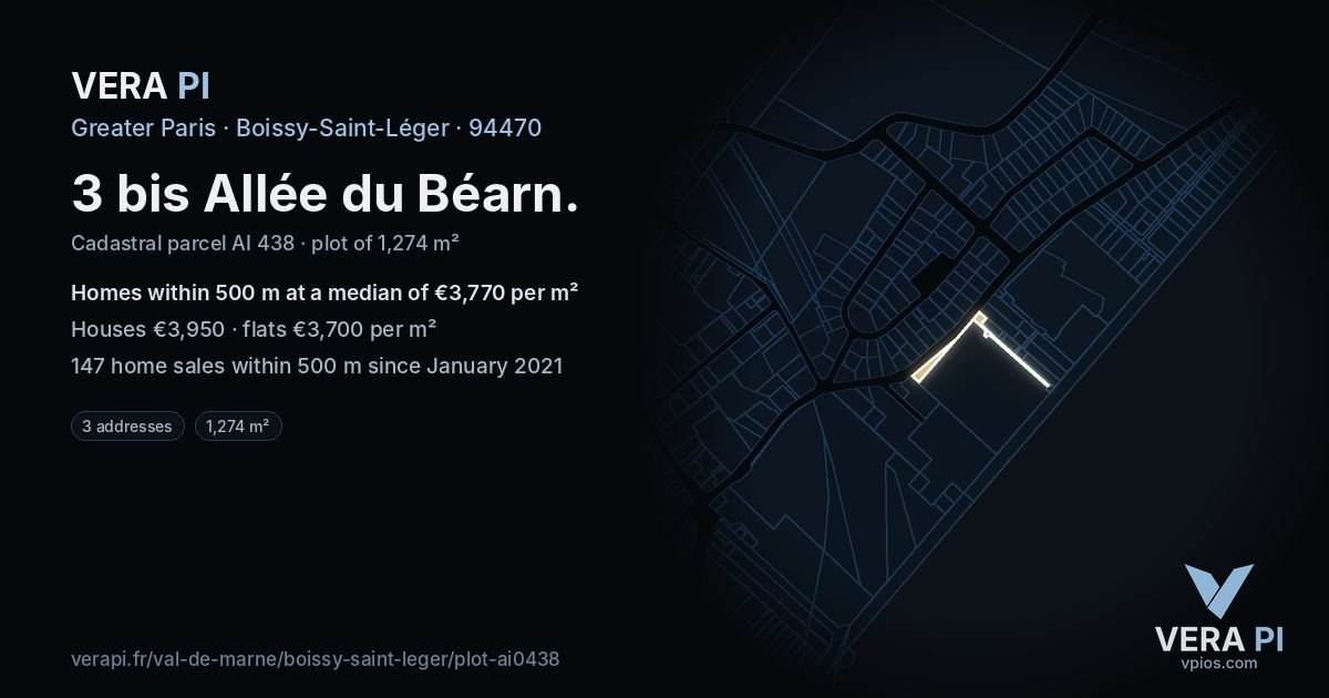 3 bis Allée du Béarn, Boissy-Saint-Léger at night – the plot lit, the parcels around coloured by the prices near them