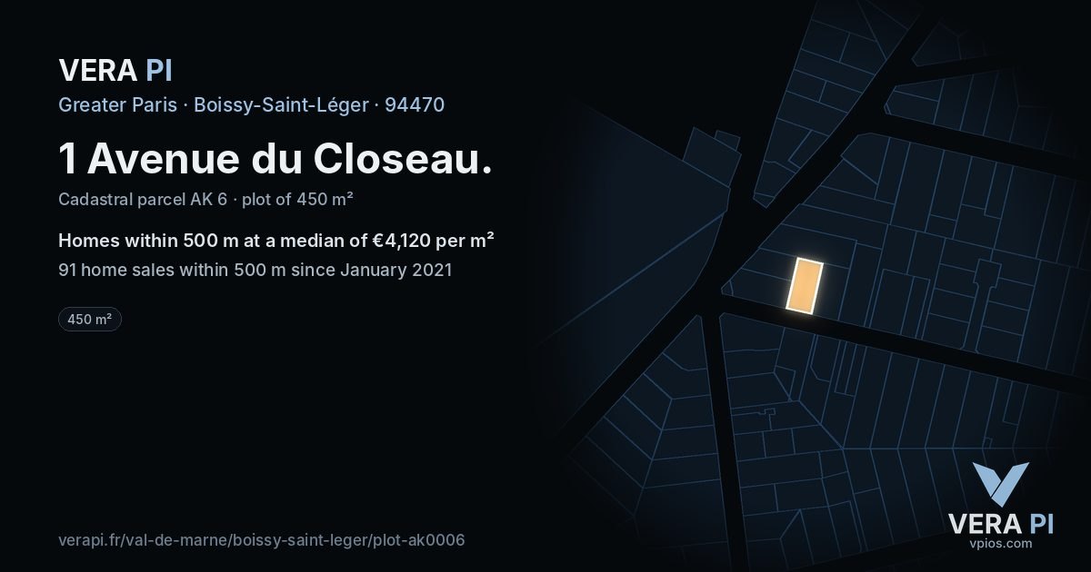1 Avenue du Closeau, Boissy-Saint-Léger at night – the plot lit, the parcels around coloured by the prices near them