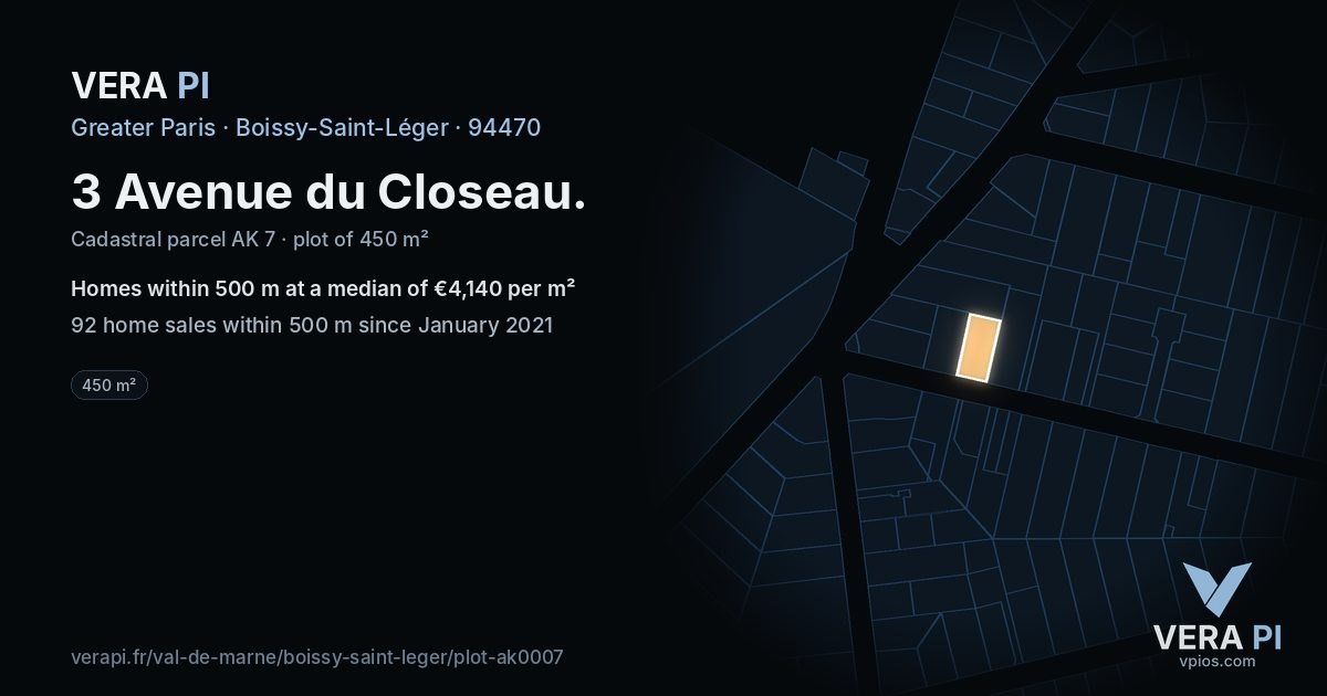 3 Avenue du Closeau, Boissy-Saint-Léger at night – the plot lit, the parcels around coloured by the prices near them