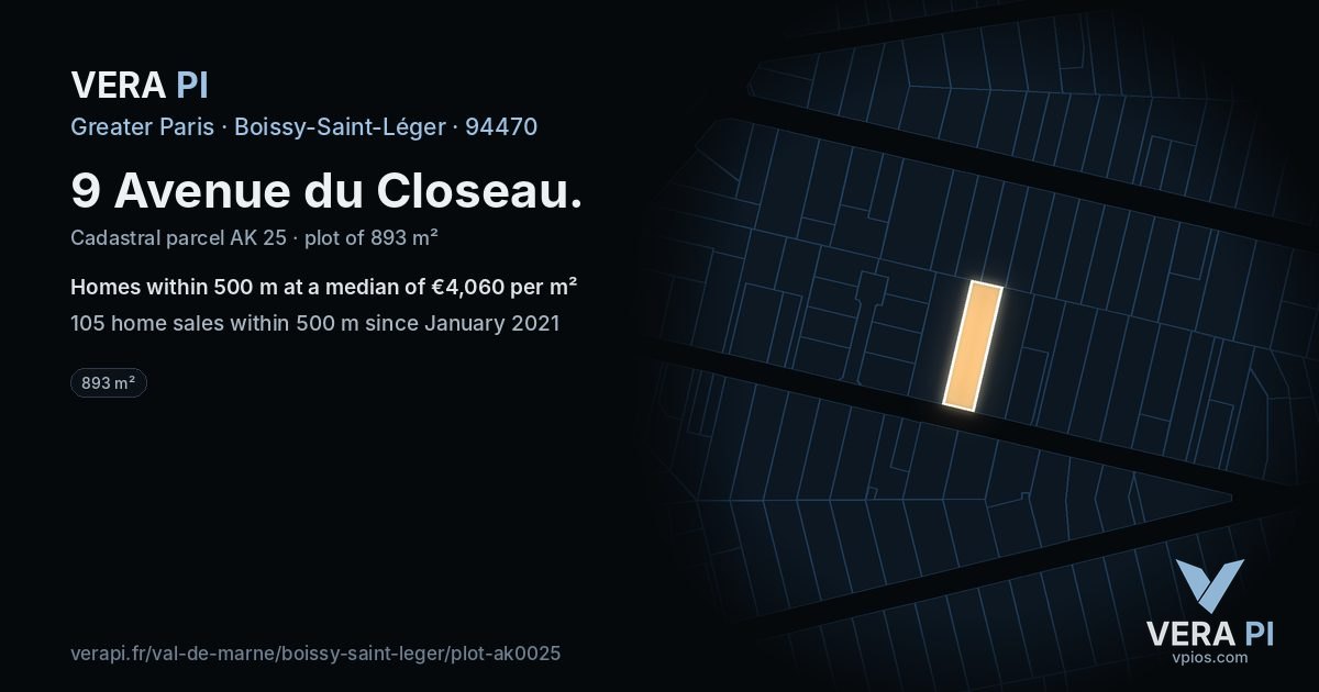 9 Avenue du Closeau, Boissy-Saint-Léger at night – the plot lit, the parcels around coloured by the prices near them