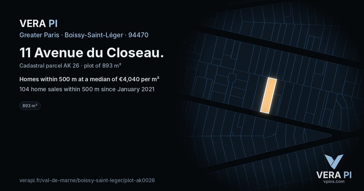 11 Avenue du Closeau, Boissy-Saint-Léger at night – the plot lit, the parcels around coloured by the prices near them