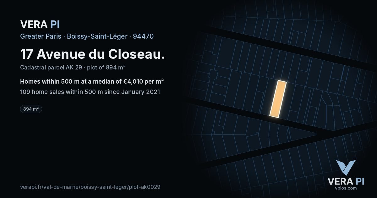 17 Avenue du Closeau, Boissy-Saint-Léger at night – the plot lit, the parcels around coloured by the prices near them