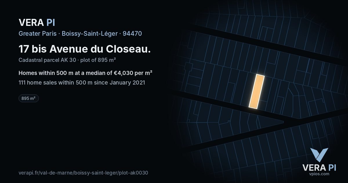 17 bis Avenue du Closeau, Boissy-Saint-Léger at night – the plot lit, the parcels around coloured by the prices near them
