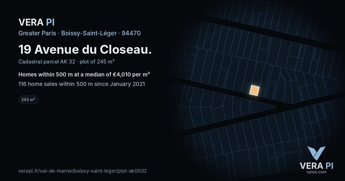 19 Avenue du Closeau, Boissy-Saint-Léger at night – the plot lit, the parcels around coloured by the prices near them
