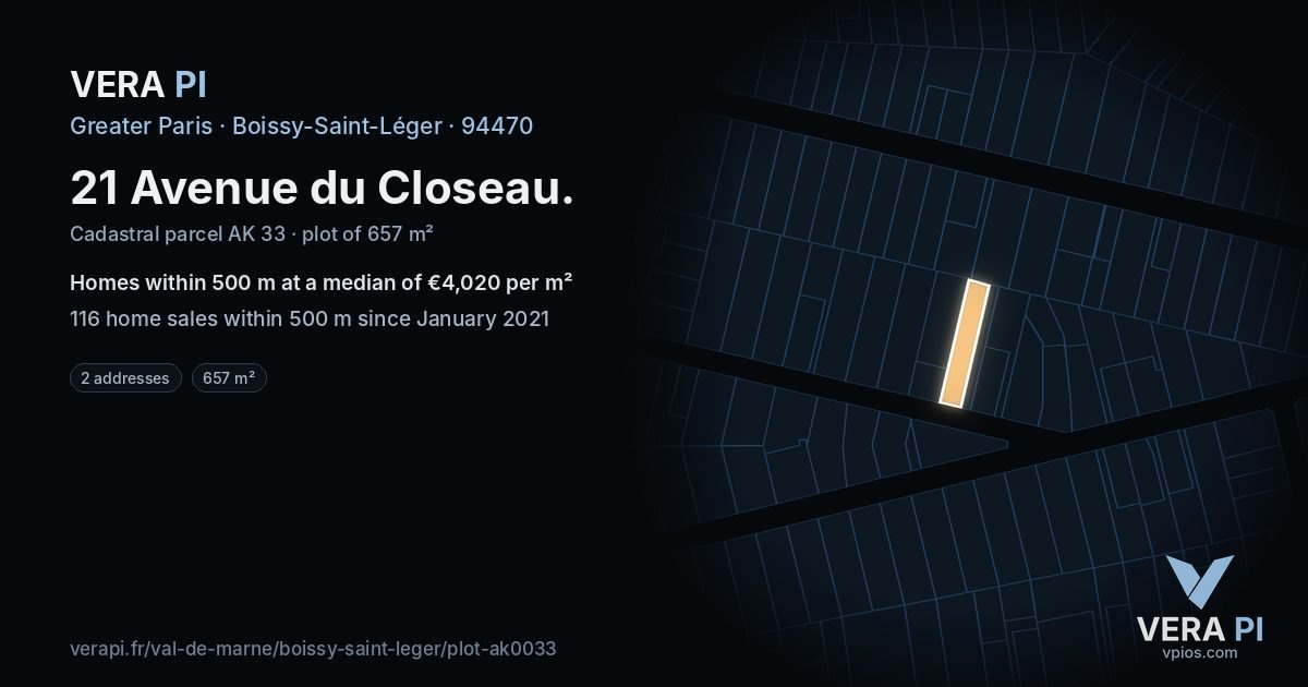 21 Avenue du Closeau, Boissy-Saint-Léger at night – the plot lit, the parcels around coloured by the prices near them