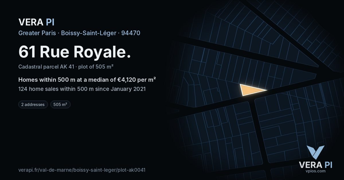 61 Rue Royale, Boissy-Saint-Léger at night – the plot lit, the parcels around coloured by the prices near them