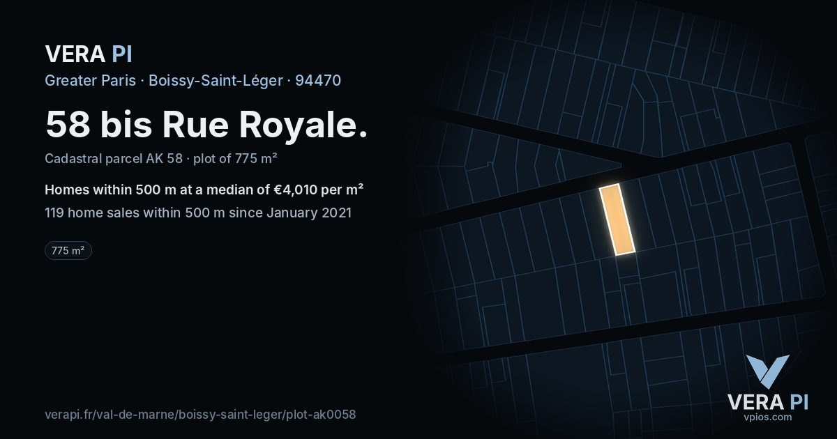 58 bis Rue Royale, Boissy-Saint-Léger at night – the plot lit, the parcels around coloured by the prices near them