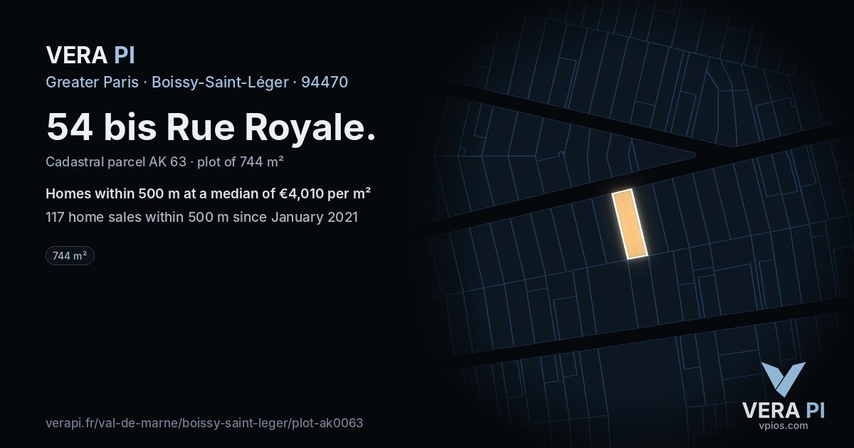 54 bis Rue Royale, Boissy-Saint-Léger at night – the plot lit, the parcels around coloured by the prices near them