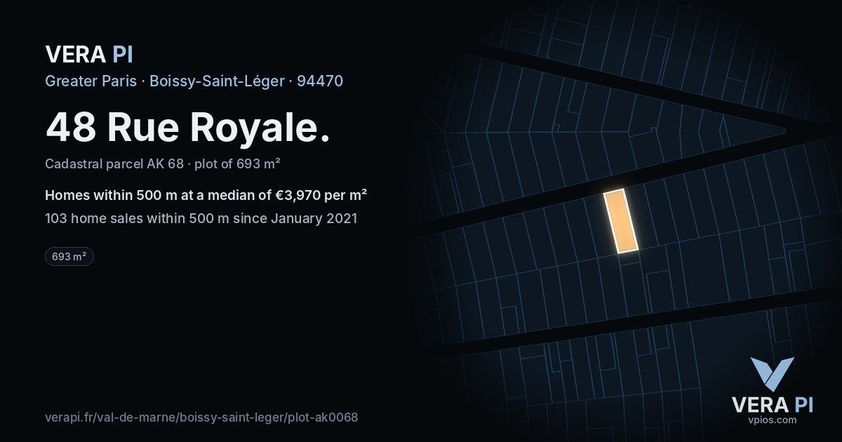 48 Rue Royale, Boissy-Saint-Léger at night – the plot lit, the parcels around coloured by the prices near them