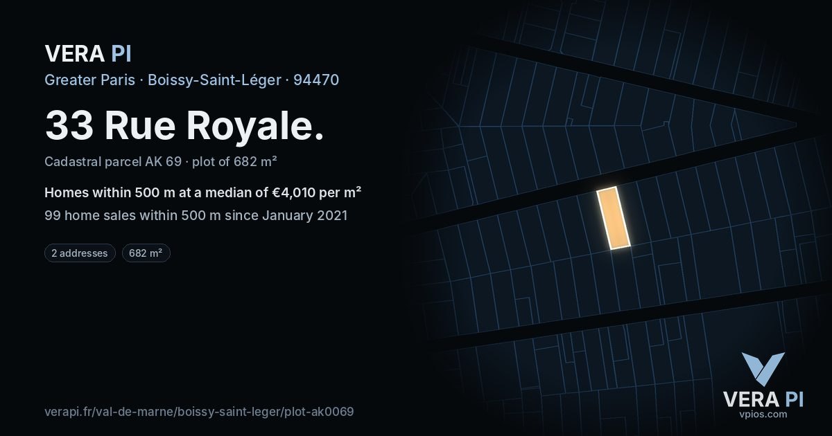 33 Rue Royale, Boissy-Saint-Léger at night – the plot lit, the parcels around coloured by the prices near them