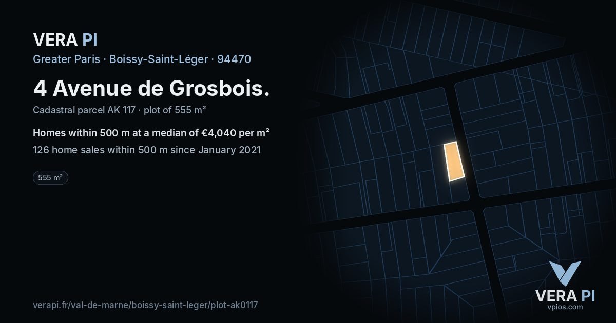 4 Avenue de Grosbois, Boissy-Saint-Léger at night – the plot lit, the parcels around coloured by the prices near them