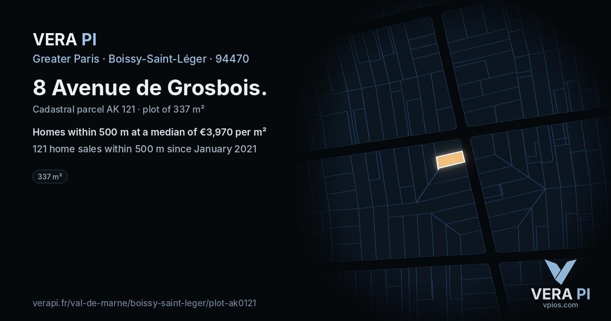 8 Avenue de Grosbois, Boissy-Saint-Léger at night – the plot lit, the parcels around coloured by the prices near them