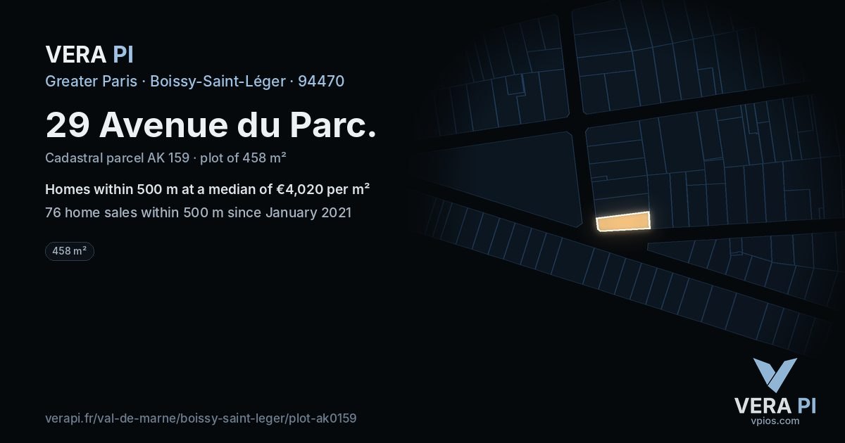 29 Avenue du Parc, Boissy-Saint-Léger at night – the plot lit, the parcels around coloured by the prices near them