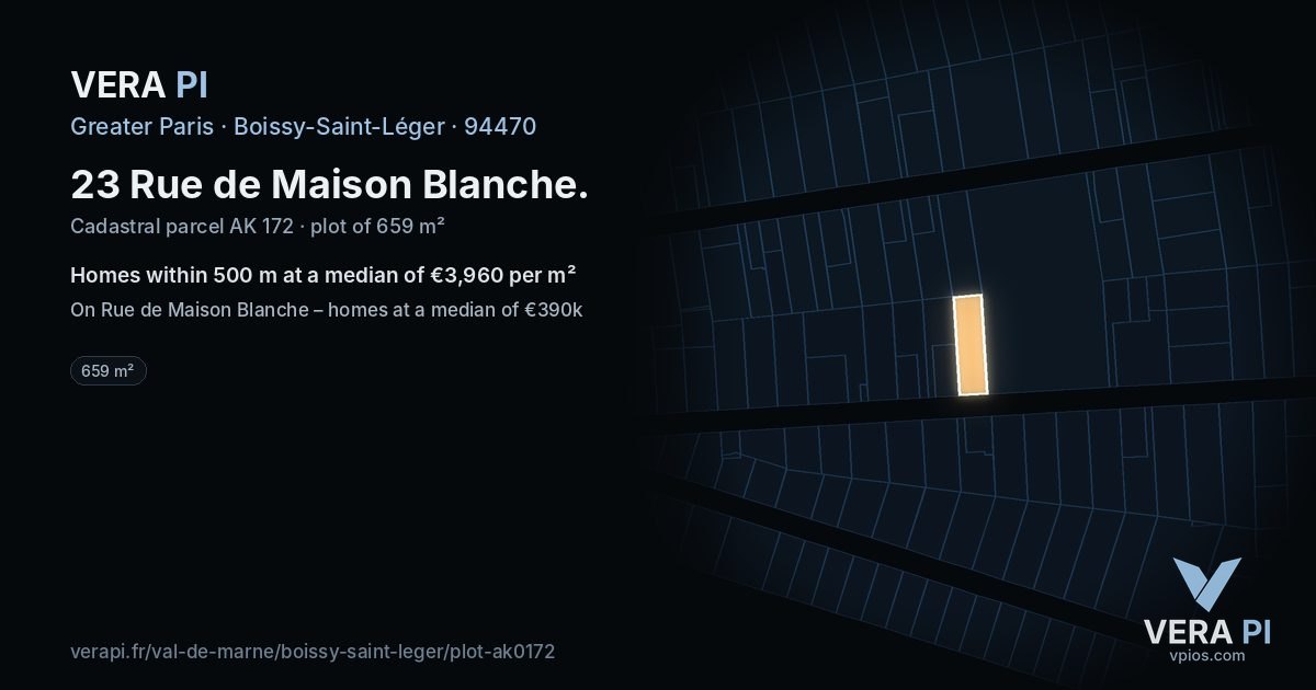 23 Rue de Maison Blanche, Boissy-Saint-Léger at night – the plot lit, the parcels around coloured by the prices near them