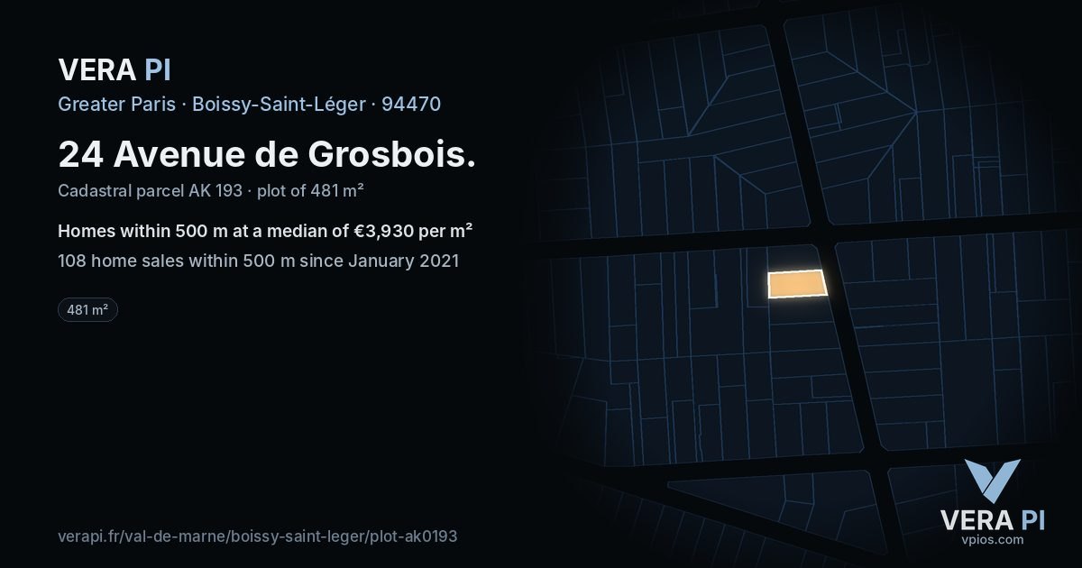 24 Avenue de Grosbois, Boissy-Saint-Léger at night – the plot lit, the parcels around coloured by the prices near them