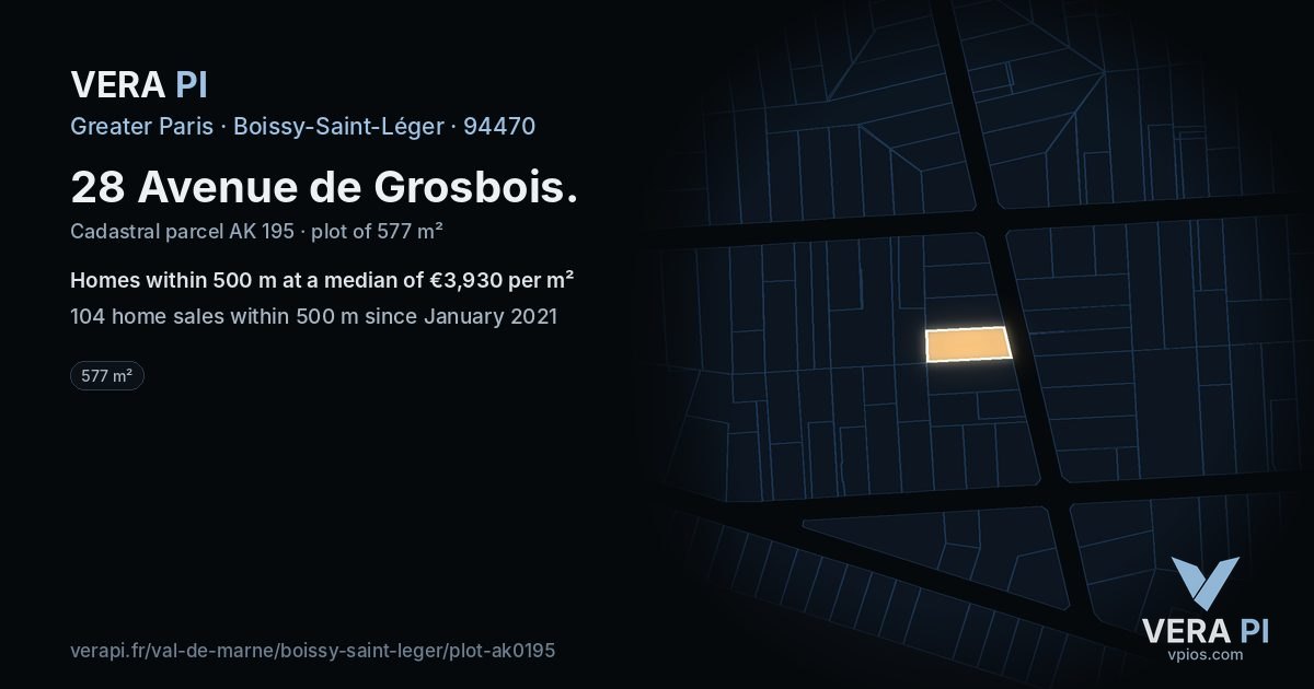 28 Avenue de Grosbois, Boissy-Saint-Léger at night – the plot lit, the parcels around coloured by the prices near them