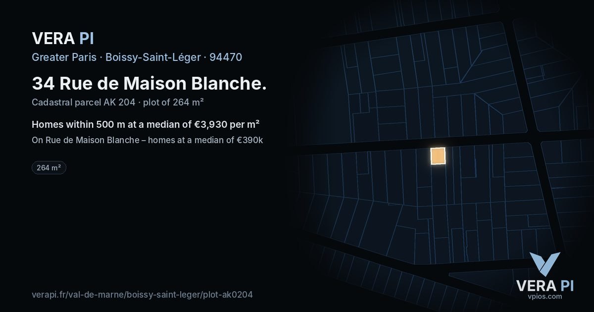 34 Rue de Maison Blanche, Boissy-Saint-Léger at night – the plot lit, the parcels around coloured by the prices near them