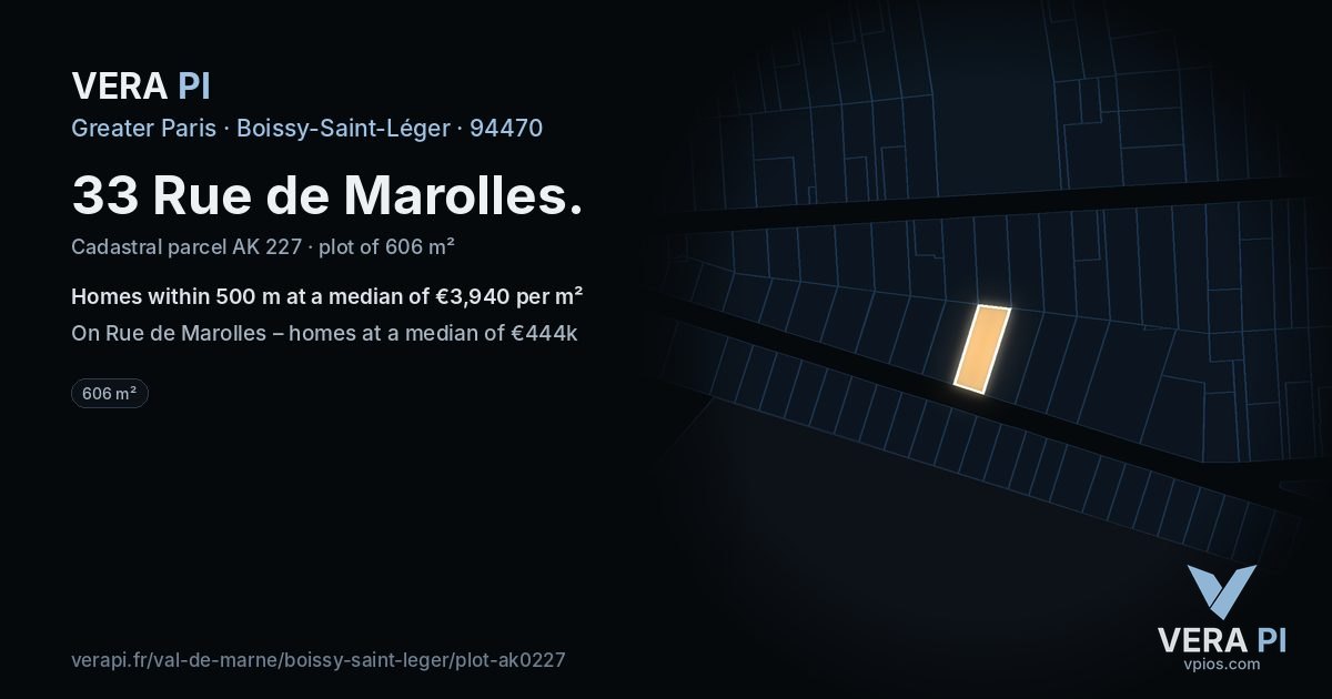 33 Rue de Marolles, Boissy-Saint-Léger at night – the plot lit, the parcels around coloured by the prices near them