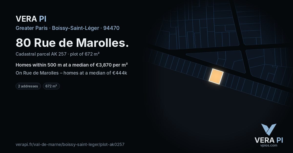 80 Rue de Marolles, Boissy-Saint-Léger at night – the plot lit, the parcels around coloured by the prices near them
