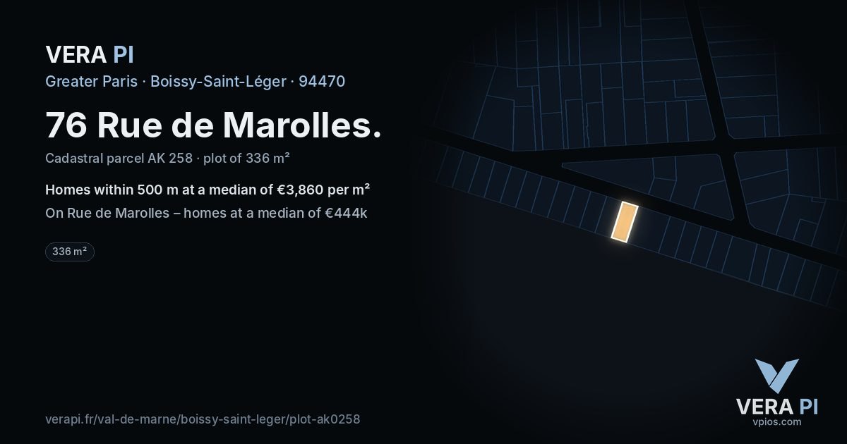 76 Rue de Marolles, Boissy-Saint-Léger at night – the plot lit, the parcels around coloured by the prices near them