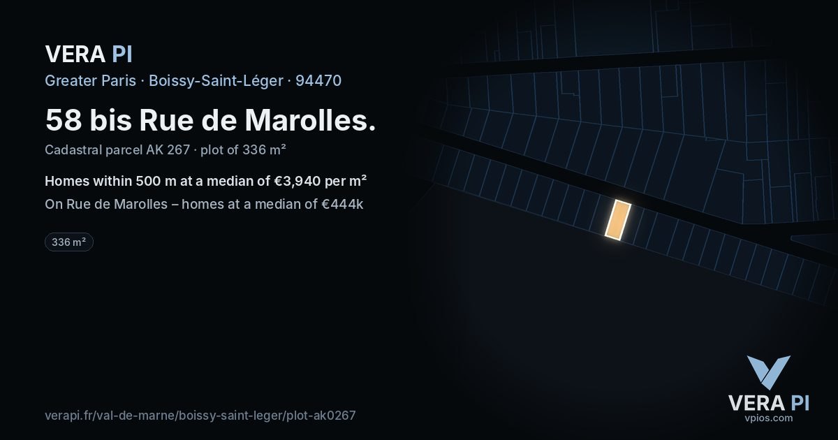 58 bis Rue de Marolles, Boissy-Saint-Léger at night – the plot lit, the parcels around coloured by the prices near them