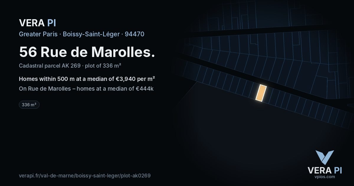 56 Rue de Marolles, Boissy-Saint-Léger at night – the plot lit, the parcels around coloured by the prices near them