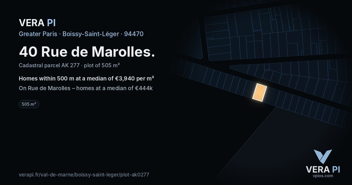 40 Rue de Marolles, Boissy-Saint-Léger at night – the plot lit, the parcels around coloured by the prices near them