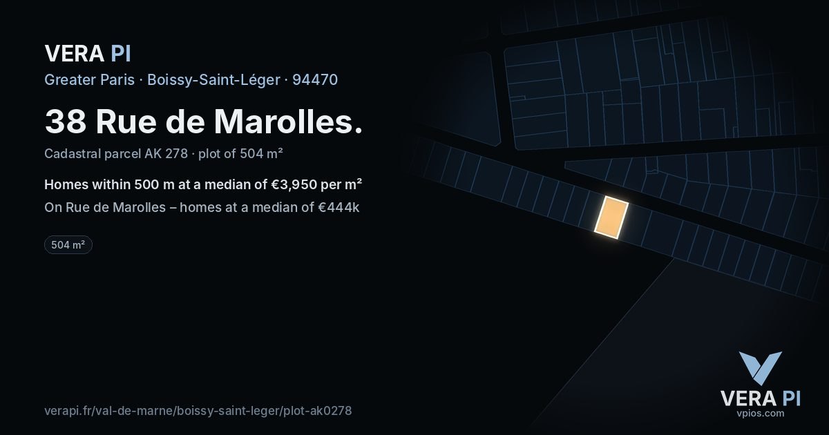 38 Rue de Marolles, Boissy-Saint-Léger at night – the plot lit, the parcels around coloured by the prices near them