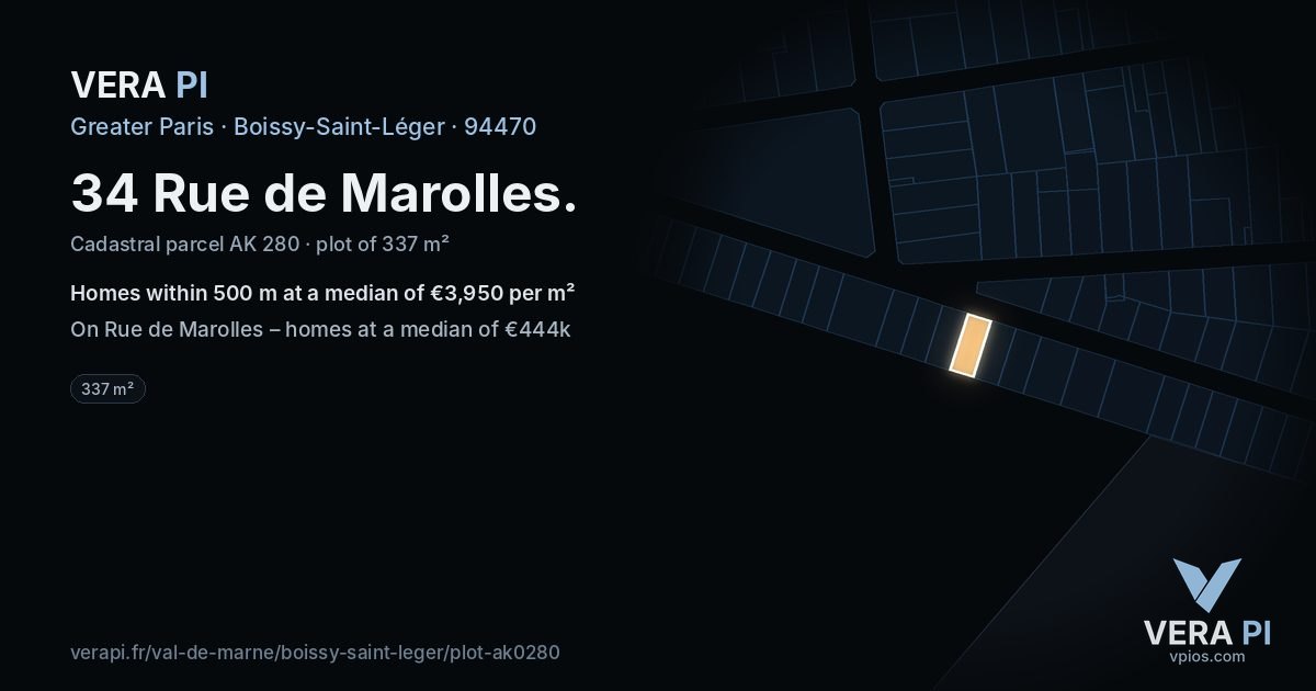 34 Rue de Marolles, Boissy-Saint-Léger at night – the plot lit, the parcels around coloured by the prices near them