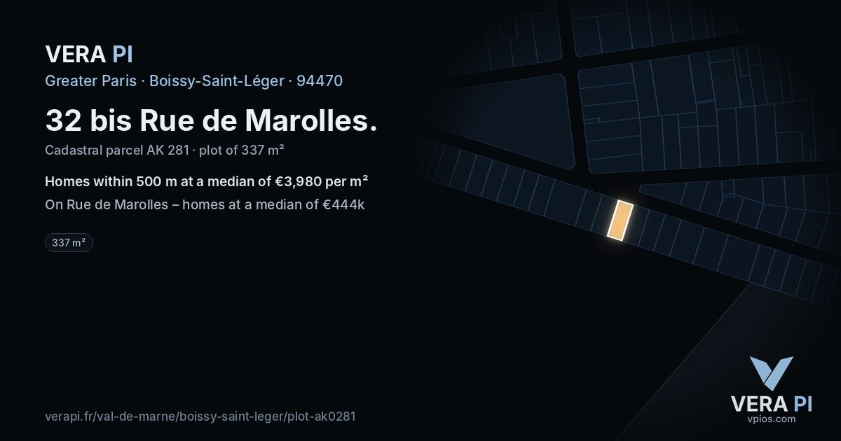 32 bis Rue de Marolles, Boissy-Saint-Léger at night – the plot lit, the parcels around coloured by the prices near them