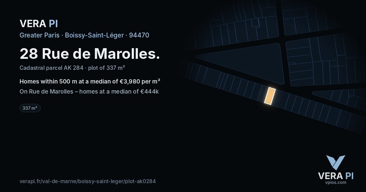 28 Rue de Marolles, Boissy-Saint-Léger at night – the plot lit, the parcels around coloured by the prices near them