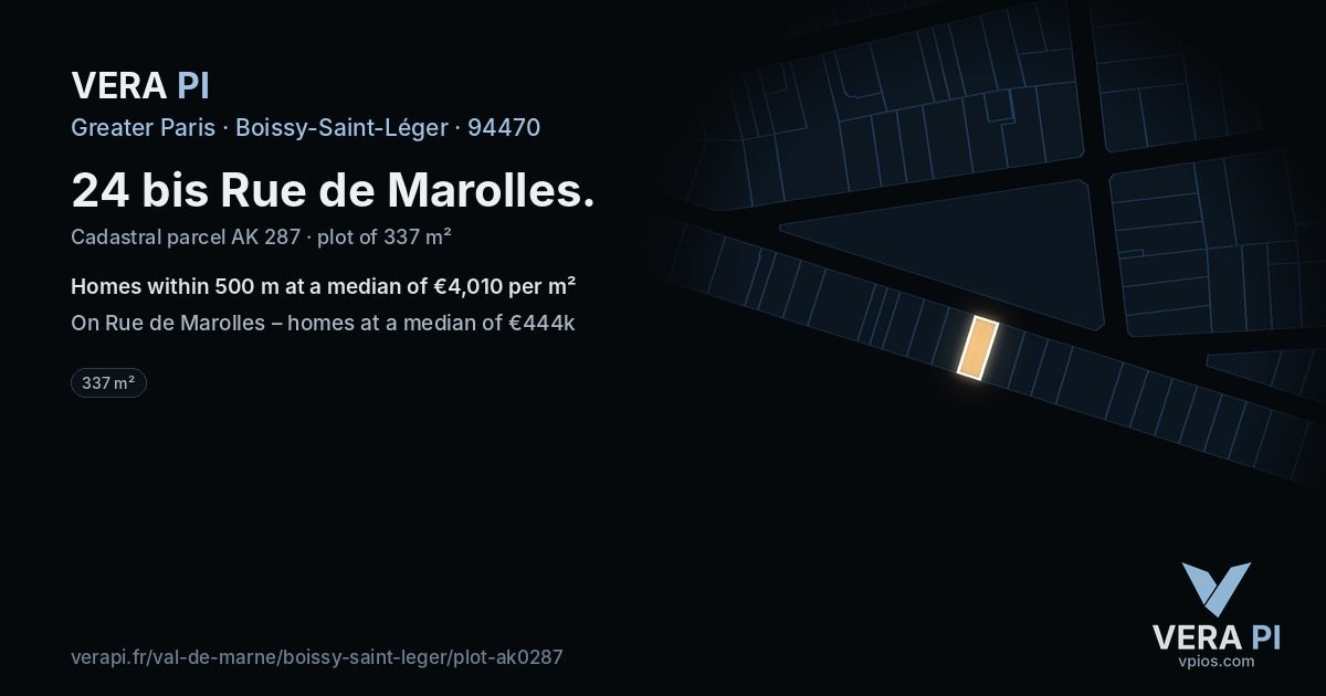 24 bis Rue de Marolles, Boissy-Saint-Léger at night – the plot lit, the parcels around coloured by the prices near them