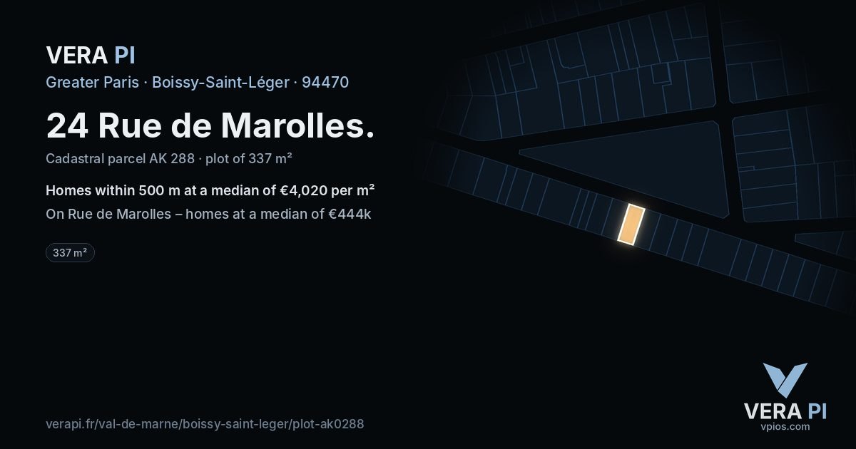 24 Rue de Marolles, Boissy-Saint-Léger at night – the plot lit, the parcels around coloured by the prices near them