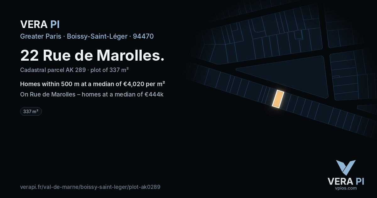 22 Rue de Marolles, Boissy-Saint-Léger at night – the plot lit, the parcels around coloured by the prices near them