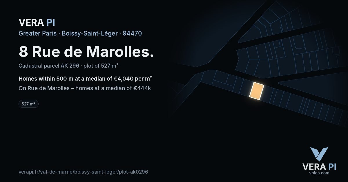 8 Rue de Marolles, Boissy-Saint-Léger at night – the plot lit, the parcels around coloured by the prices near them