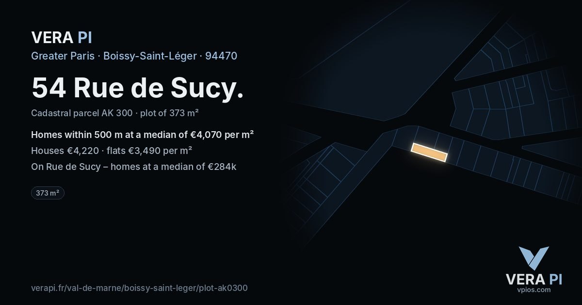 54 Rue de Sucy, Boissy-Saint-Léger at night – the plot lit, the parcels around coloured by the prices near them