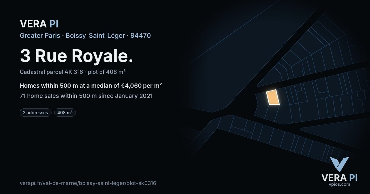 3 Rue Royale, Boissy-Saint-Léger at night – the plot lit, the parcels around coloured by the prices near them