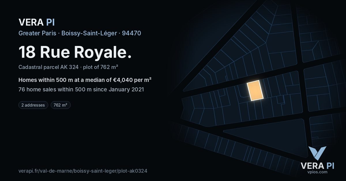 18 Rue Royale, Boissy-Saint-Léger at night – the plot lit, the parcels around coloured by the prices near them