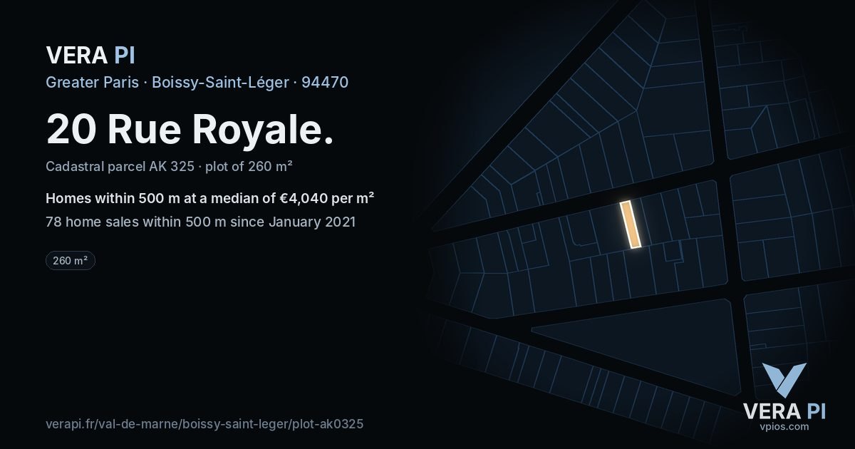 20 Rue Royale, Boissy-Saint-Léger at night – the plot lit, the parcels around coloured by the prices near them