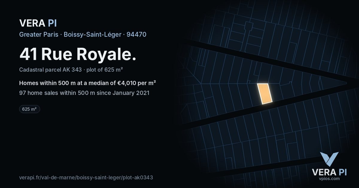 41 Rue Royale, Boissy-Saint-Léger at night – the plot lit, the parcels around coloured by the prices near them
