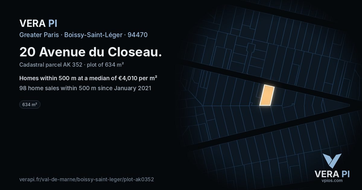 20 Avenue du Closeau, Boissy-Saint-Léger at night – the plot lit, the parcels around coloured by the prices near them