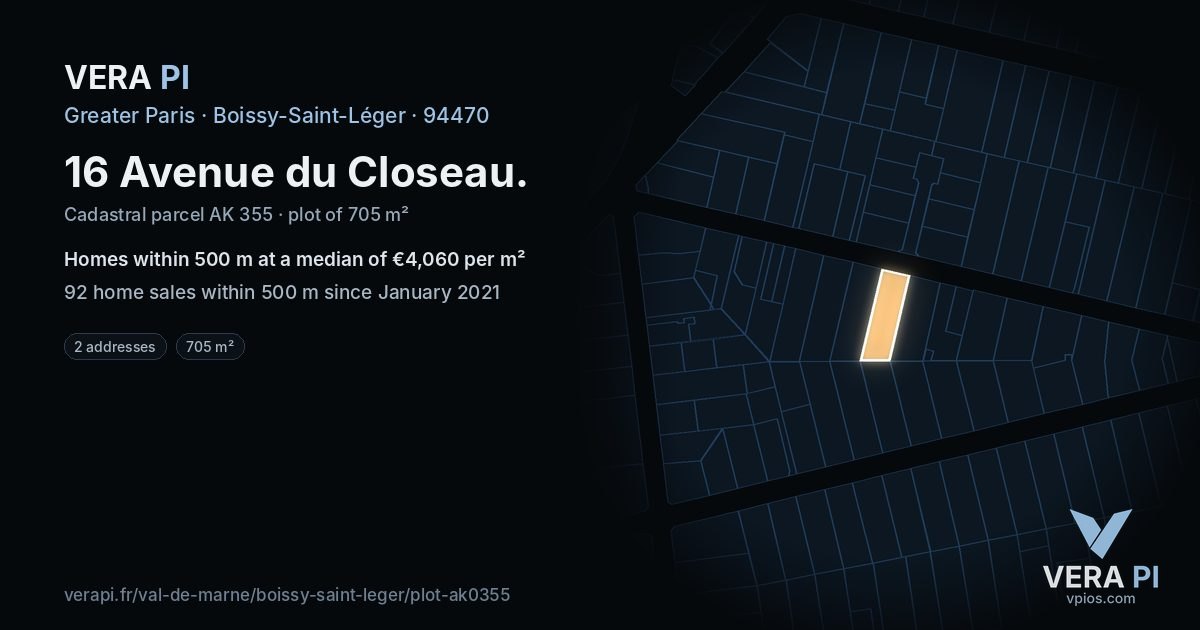 16 Avenue du Closeau, Boissy-Saint-Léger at night – the plot lit, the parcels around coloured by the prices near them