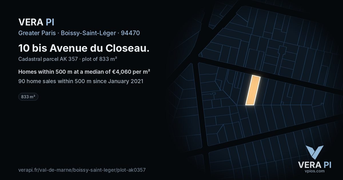 10 bis Avenue du Closeau, Boissy-Saint-Léger at night – the plot lit, the parcels around coloured by the prices near them