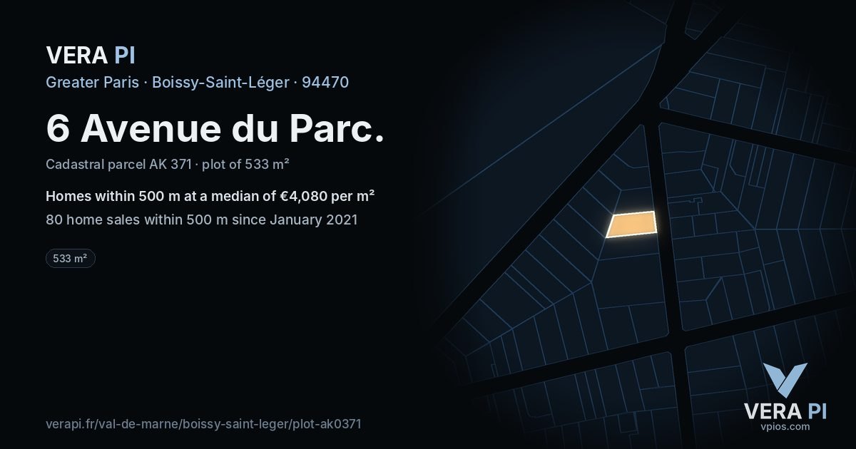 6 Avenue du Parc, Boissy-Saint-Léger at night – the plot lit, the parcels around coloured by the prices near them